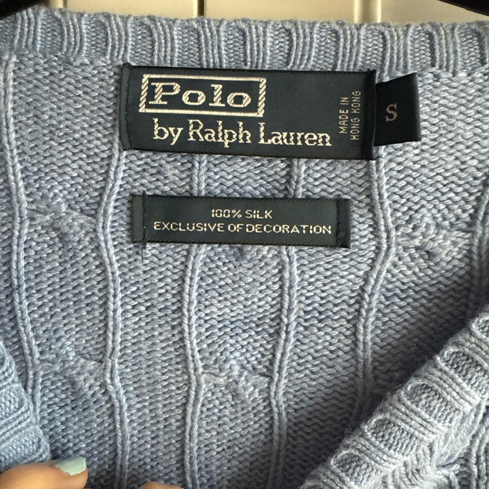 Ralph Lauren Men's Sky Blue Cable Knit Sweater all silk sz S vintage - Picture 3 of 4
